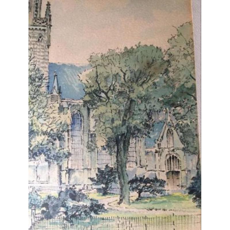 Pentekening aquarel grote kerk Elst Gelderland Hermans