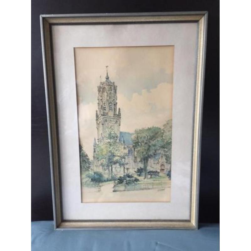 Pentekening aquarel grote kerk Elst Gelderland Hermans