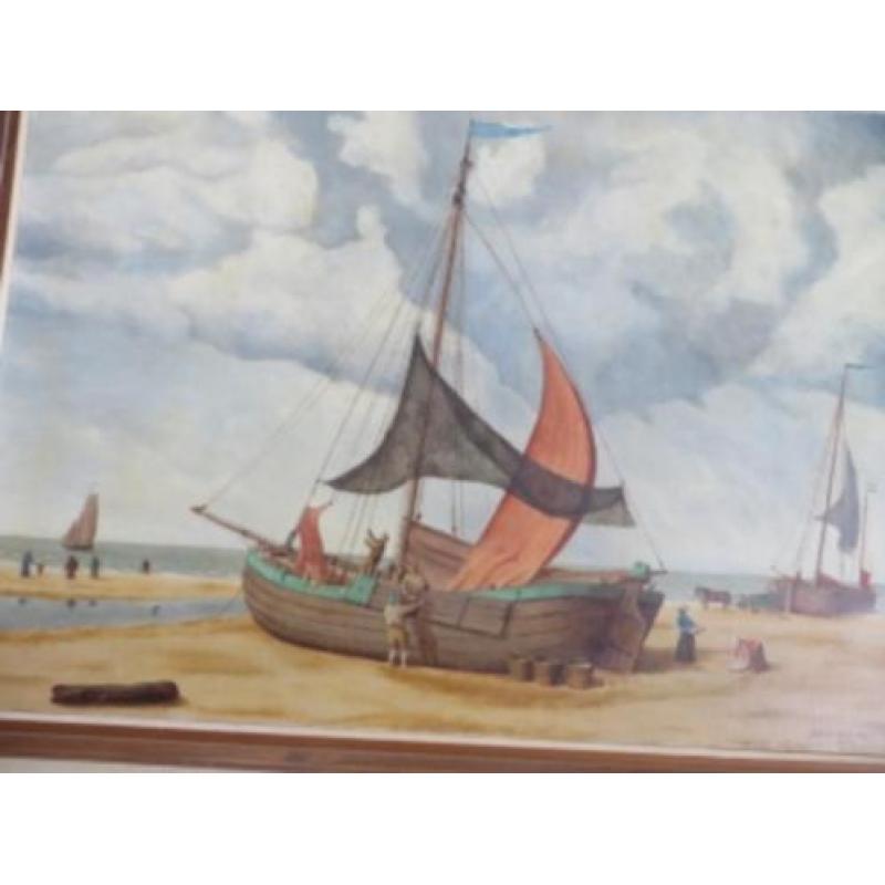 Nautisch olieverfschilderij op doek, 100x75 cm, strand/boot