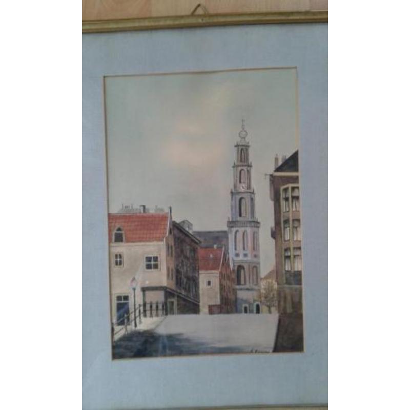 Aquarel Amsterdam Westertoren, van K. Kossen