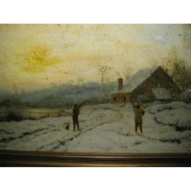Johan Meijer, vroeg werk, jagers in de sneeuw, gesigneerd