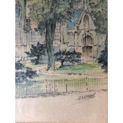 Pentekening aquarel grote kerk Elst Gelderland Hermans