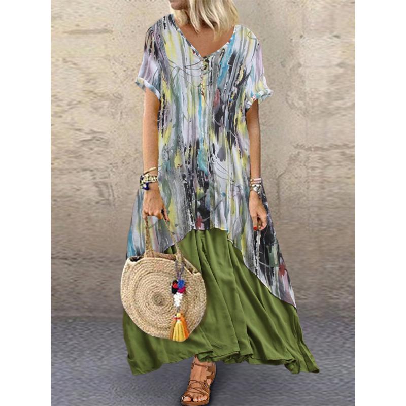 Vintage Print Patchwork Short Sleeve Plus Size Maxi Dress