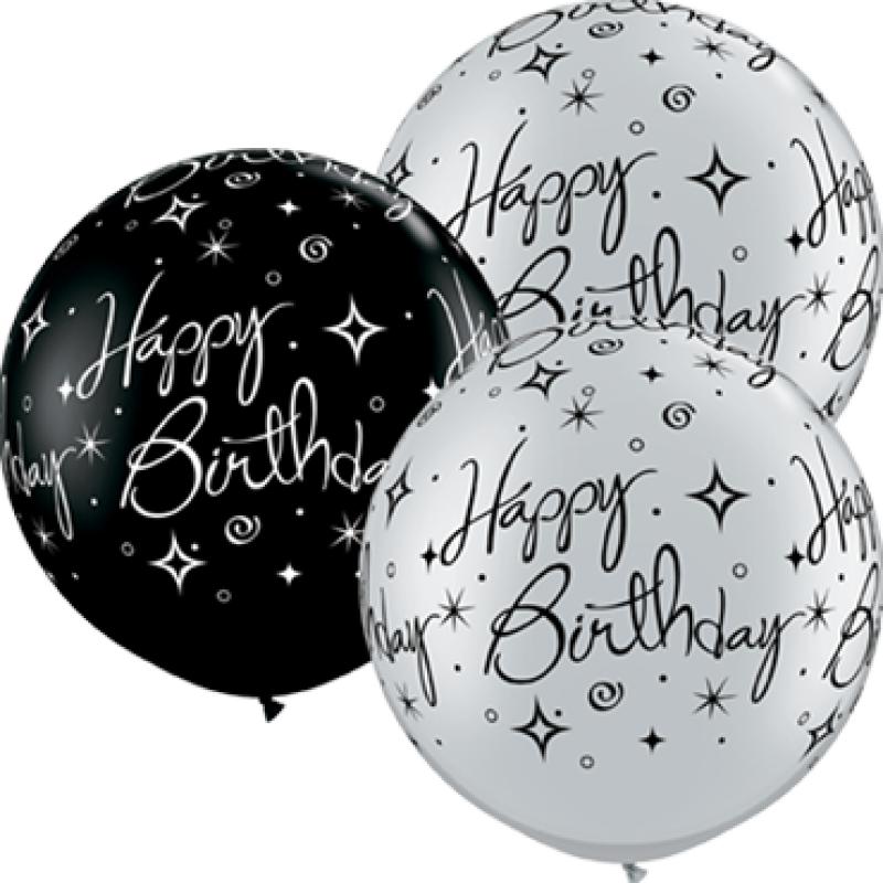 Birthday Sparkle and Swirls Fashion Onyx Black and Metallic Silver Assortment Latex Round 36in 90cm