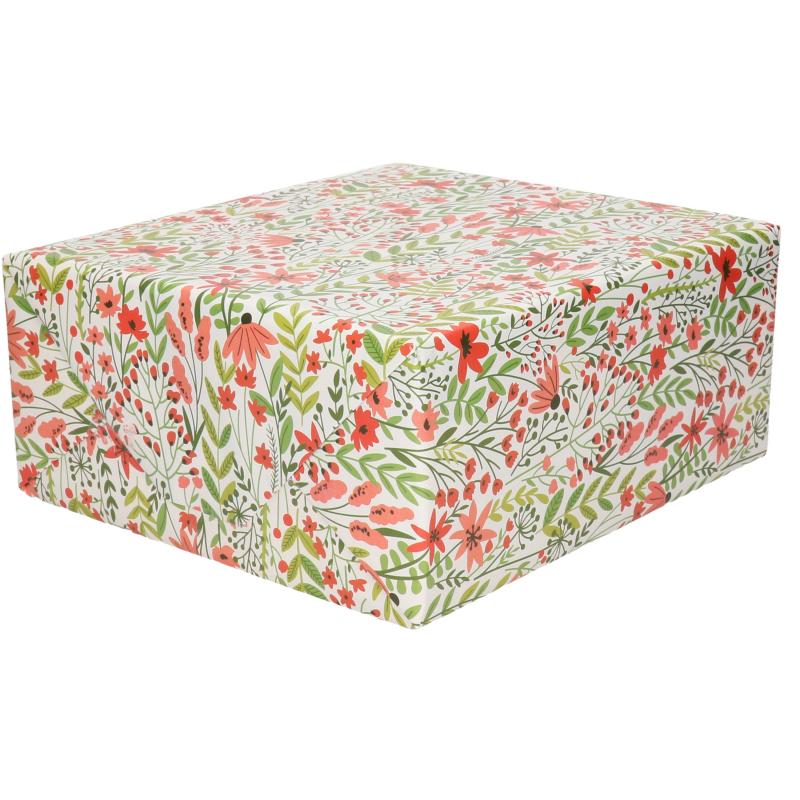 1x Rollen Inpakpapier/cadeaupapier creme met rode bloemen en groene takken 200 x 70 cm