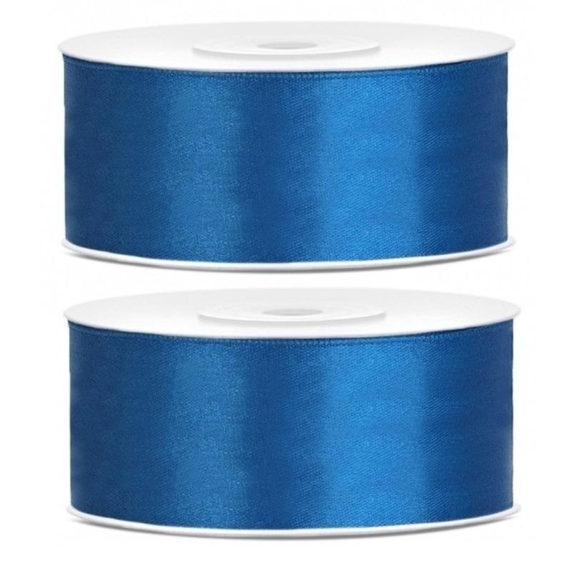 2x Hobby decoratie kobalt blauwe satijnen sierlinten 2,5 cm 25 mm x 25 meter